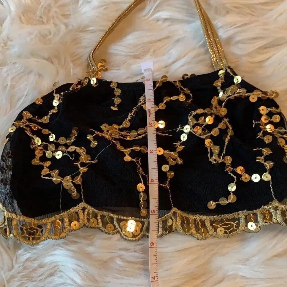 Belly Dance Spanish Arabian Style Black and Gold two piece Costume